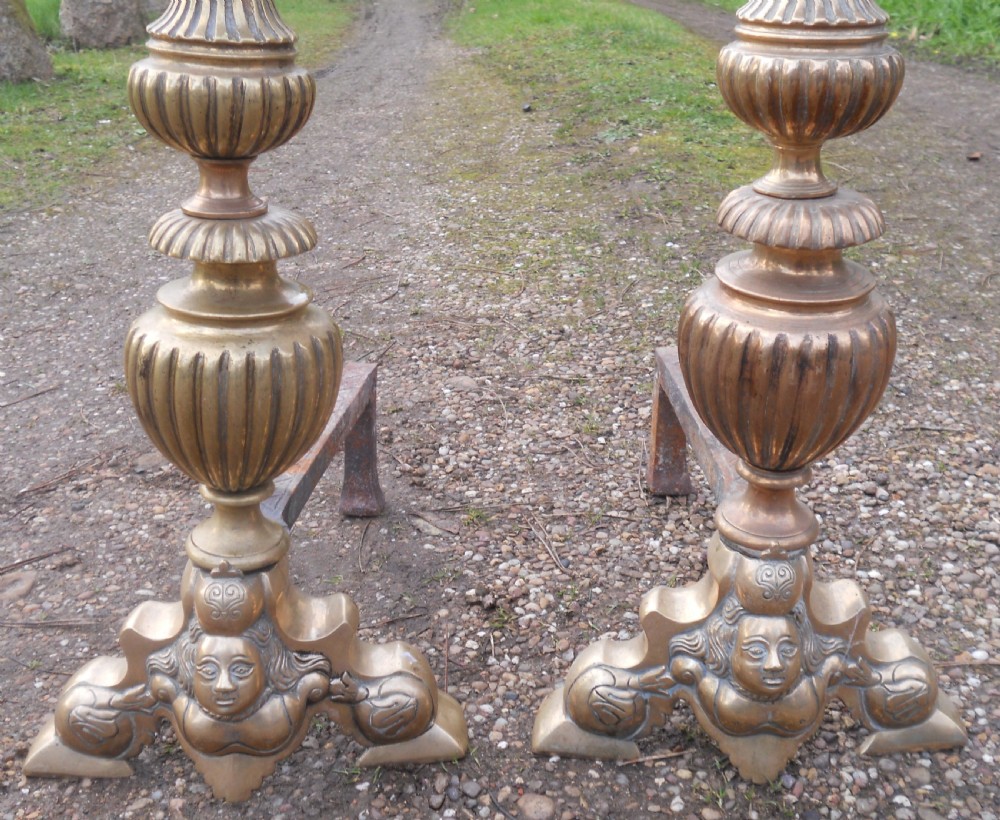 Pair Heavy Brass Fire Dogs View II