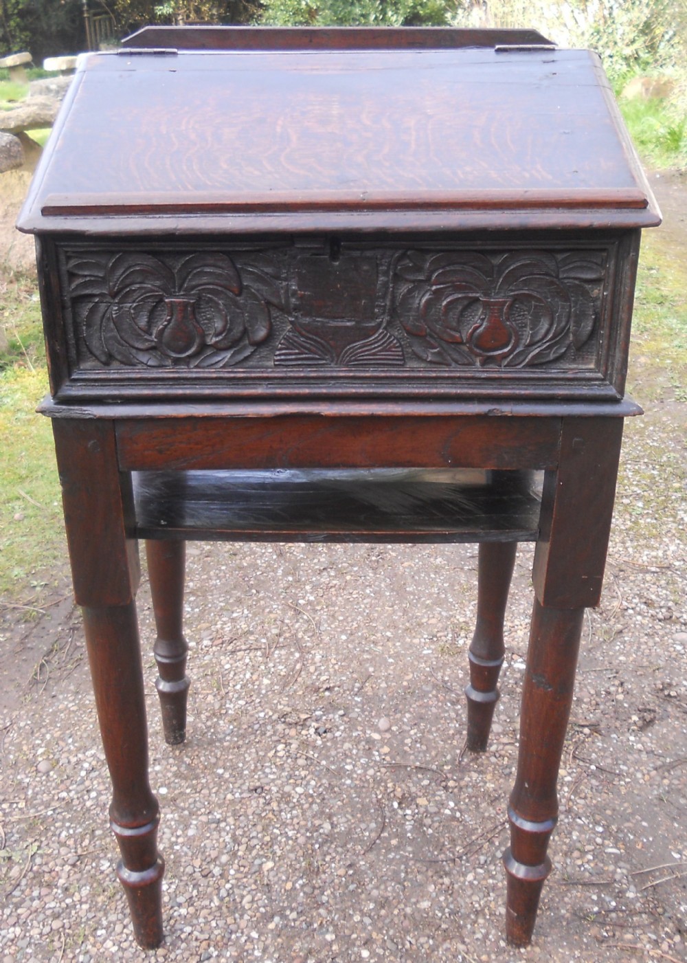 Antique Carved Oak Bible Box on Stand 
