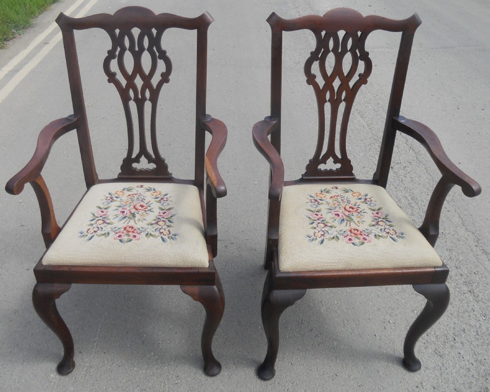 Pair Chippendale Style Mahogany Carver Armchairs 