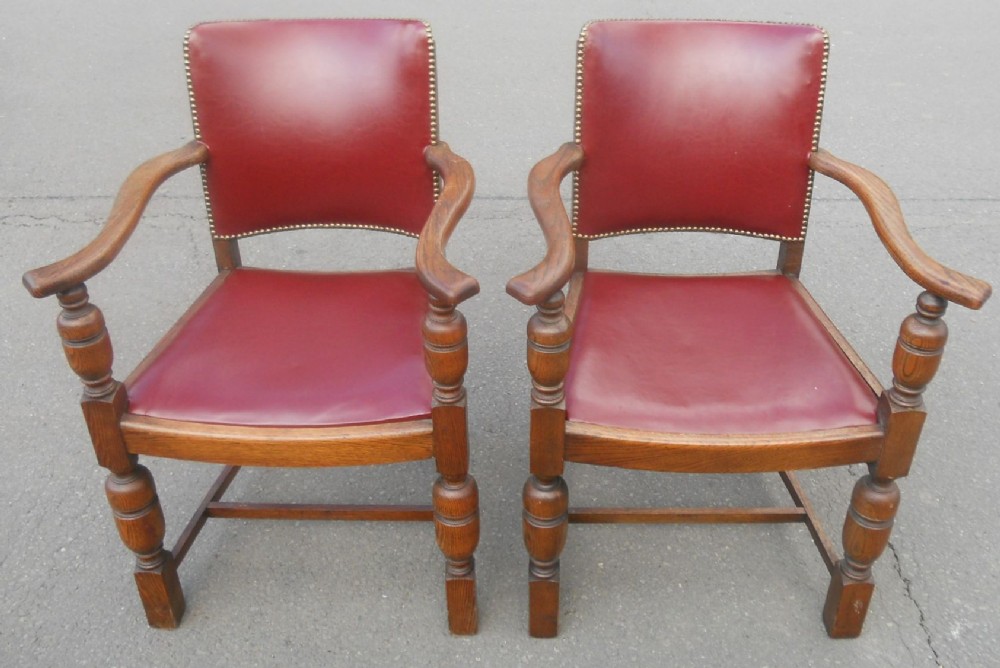 Pair Oak Framed Carver Armchairs 