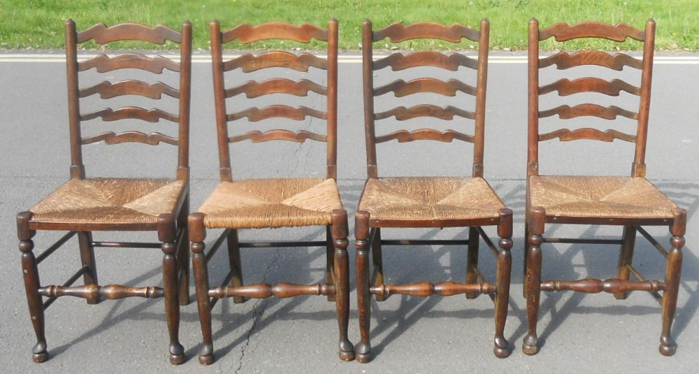 Set of Four Elm and Beech Ladderback Dining Chairs 