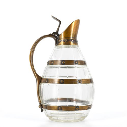 ANTIQUE VICTORIAN GLASS AND COPPER BANDED WATER OR ALL JUG BY CARL DEFFNER
