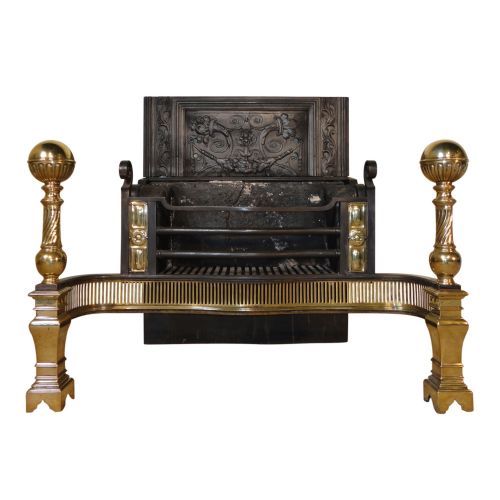 large regency cast iron and brass fire basket and andirons - CATEGORY: ANTIQUE FIREPLACES - DATED REGENCY