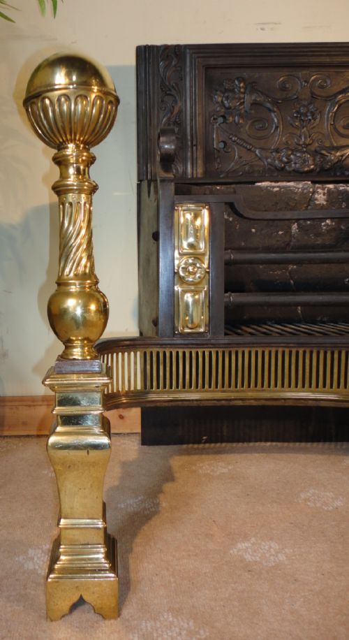 LARGE REGENCY CAST IRON AND BRASS FIRE BASKET AND ANDIRONS - ADDITIONAL PHOTO 3