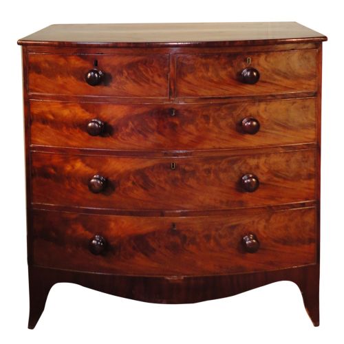 regency flame mahogany bowfront chest of drawers - CATEGORY: ANTIQUE CHEST OF DRAWERS - DATED REGENCY