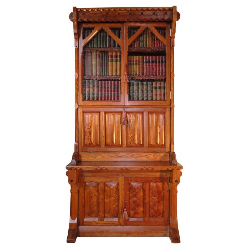 victorian gothic revival pitch pine bureau bookcase 19th century - CATEGORY: ANTIQUE BUREAU - DATED VICTORIAN