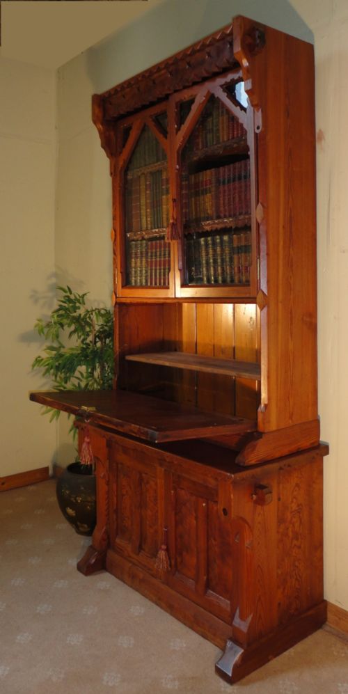 VICTORIAN GOTHIC REVIVAL PITCH PINE BUREAU BOOKCASE 19TH CENTURY - ADDITIONAL PHOTO 11
