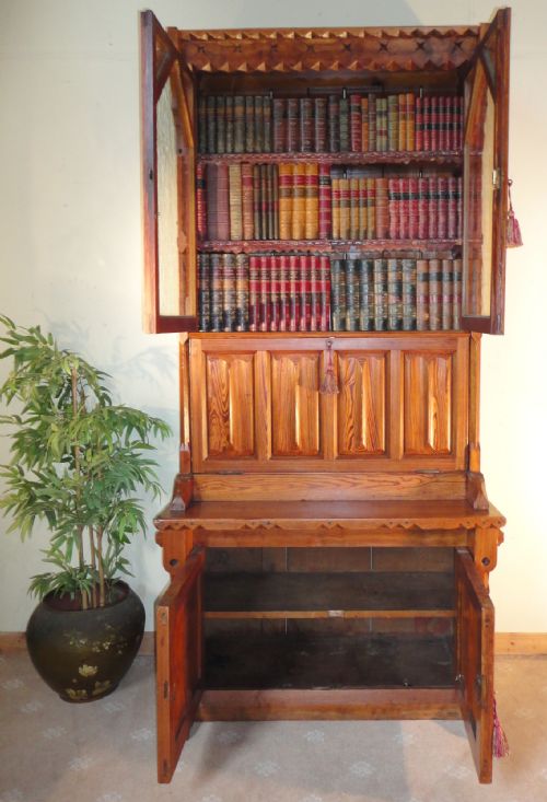 VICTORIAN GOTHIC REVIVAL PITCH PINE BUREAU BOOKCASE 19TH CENTURY - ADDITIONAL PHOTO 12