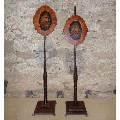 REGENCY PAIR OF TULIPWOOD MARQUETRY POLE SCREENS - ADDITIONAL PHOTO 1