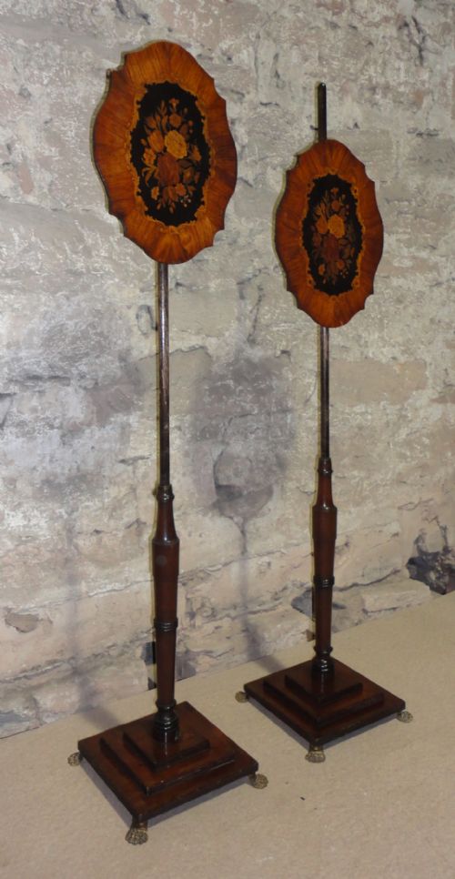 REGENCY PAIR OF TULIPWOOD MARQUETRY POLE SCREENS - ADDITIONAL PHOTO 2