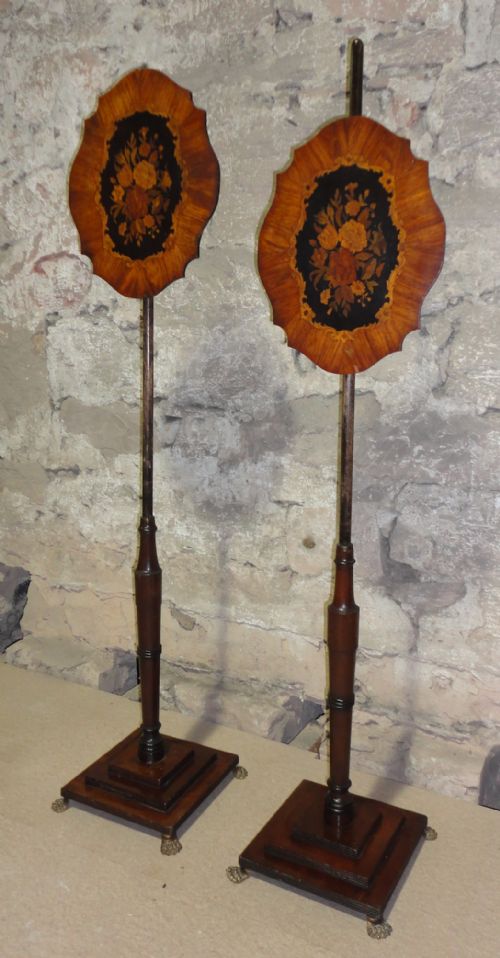 REGENCY PAIR OF TULIPWOOD MARQUETRY POLE SCREENS - ADDITIONAL PHOTO 3