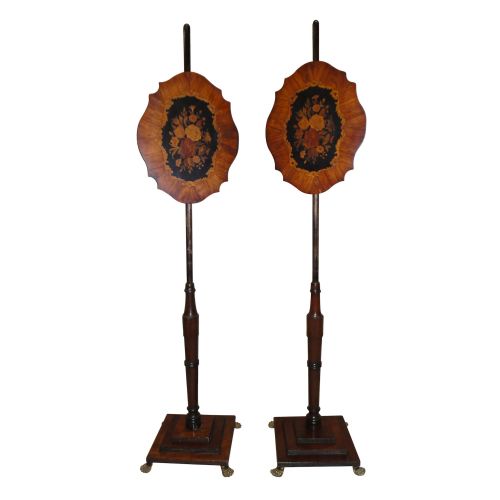regency pair of tulipwood marquetry pole screens - CATEGORY: ANTIQUE MISCELLANEOUS - DATED 19TH CENTURY