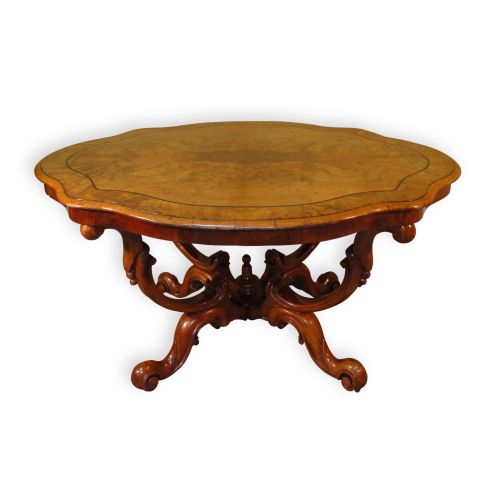 victorian burr walnut serpentine shaped centre table - CATEGORY: ANTIQUE TABLES - DATED 1870