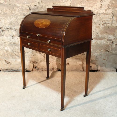 edwardian mahogany inlaid cylinder desk - CATEGORY: ANTIQUE DESKS - DATED EDWARDIAN