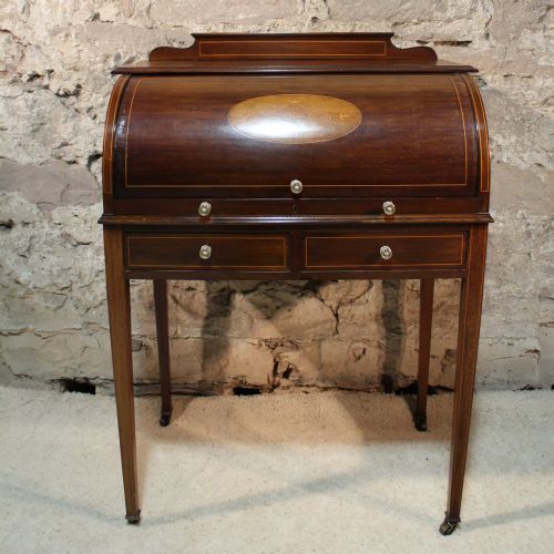 EDWARDIAN MAHOGANY INLAID CYLINDER DESK - ADDITIONAL PHOTO 1