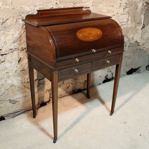 EDWARDIAN MAHOGANY INLAID CYLINDER DESK - ADDITIONAL PHOTO 2