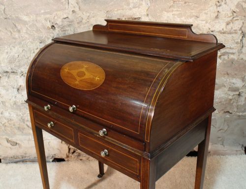 EDWARDIAN MAHOGANY INLAID CYLINDER DESK - ADDITIONAL PHOTO 3