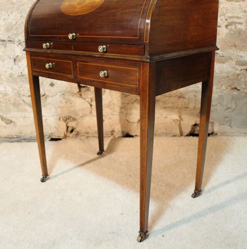EDWARDIAN MAHOGANY INLAID CYLINDER DESK - ADDITIONAL PHOTO 4