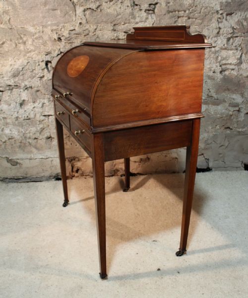 EDWARDIAN MAHOGANY INLAID CYLINDER DESK - ADDITIONAL PHOTO 5