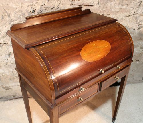 EDWARDIAN MAHOGANY INLAID CYLINDER DESK - ADDITIONAL PHOTO 6