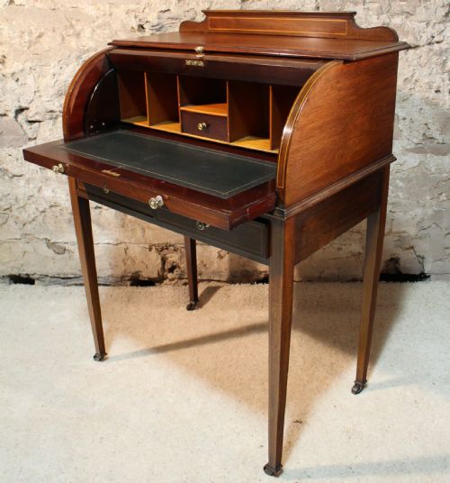 EDWARDIAN MAHOGANY INLAID CYLINDER DESK - ADDITIONAL PHOTO 10