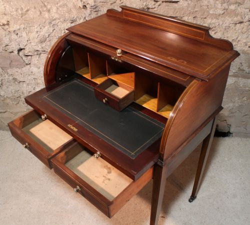 EDWARDIAN MAHOGANY INLAID CYLINDER DESK - ADDITIONAL PHOTO 11