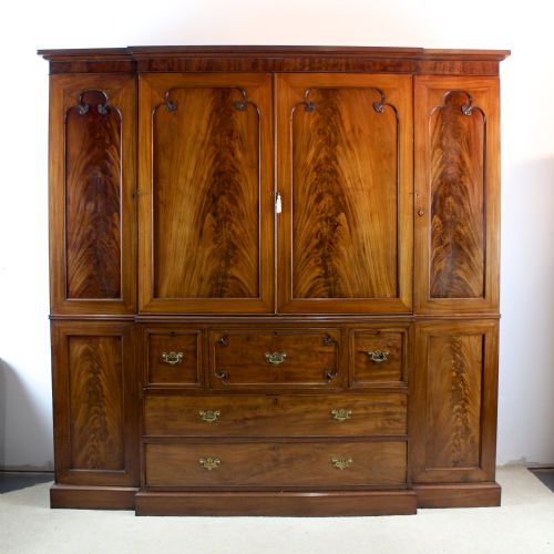 GEORGE III MAHOGANY BREAKFRONT SECRETAIRE LINEN PRESS WARDROBE - ADDITIONAL PHOTO 1