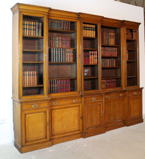 LARGE VICTORIAN OAK DOUBLE BREAKFRONT BOOKCASE MORISON CO 103 WIDE - ADDITIONAL PHOTO 2