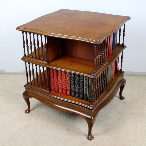 edwardian mahogany inlaid serpentine revolving bookcase - CATEGORY: ANTIQUE BOOKCASES - DATED EDWARDIAN