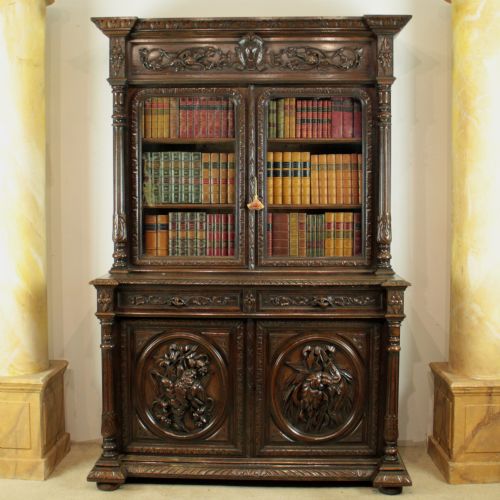 antique victorian carved oak countrysporting bookcase - CATEGORY: ANTIQUE BOOKCASES - DATED VICTORIAN