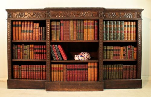 VICTORIAN BREAKFRONT CARVED OAK OPEN BOOKCASE 6FT WIDE - ADDITIONAL PHOTO 1