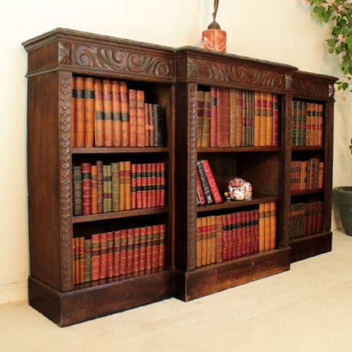 VICTORIAN BREAKFRONT CARVED OAK OPEN BOOKCASE 6FT WIDE - ADDITIONAL PHOTO 4