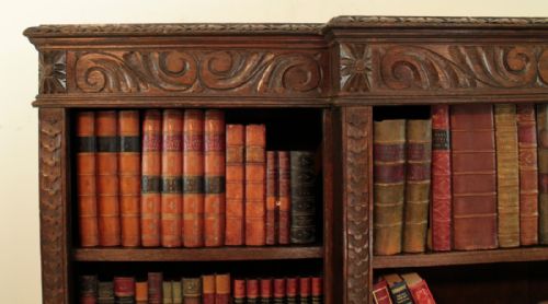 VICTORIAN BREAKFRONT CARVED OAK OPEN BOOKCASE 6FT WIDE - ADDITIONAL PHOTO 5