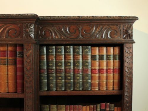 VICTORIAN BREAKFRONT CARVED OAK OPEN BOOKCASE 6FT WIDE - ADDITIONAL PHOTO 7