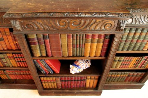 VICTORIAN BREAKFRONT CARVED OAK OPEN BOOKCASE 6FT WIDE - ADDITIONAL PHOTO 10