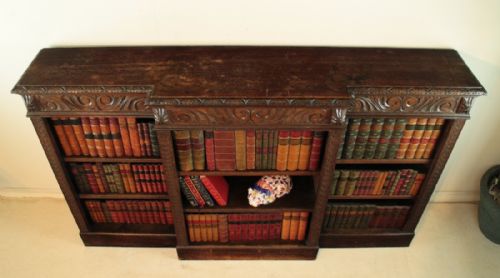 VICTORIAN BREAKFRONT CARVED OAK OPEN BOOKCASE 6FT WIDE - ADDITIONAL PHOTO 12