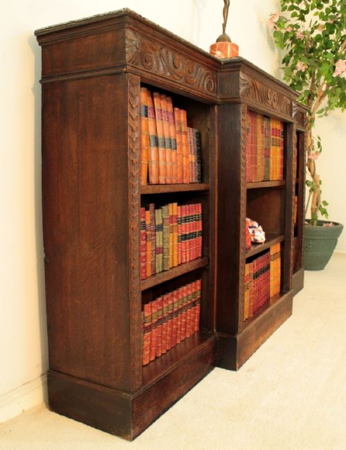 VICTORIAN BREAKFRONT CARVED OAK OPEN BOOKCASE 6FT WIDE - ADDITIONAL PHOTO 13