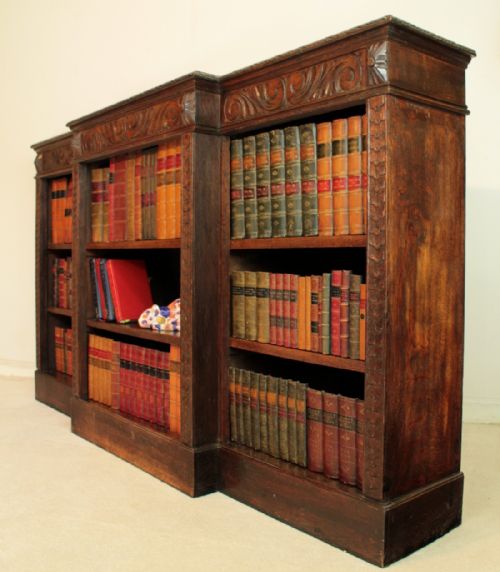 VICTORIAN BREAKFRONT CARVED OAK OPEN BOOKCASE 6FT WIDE - ADDITIONAL PHOTO 14