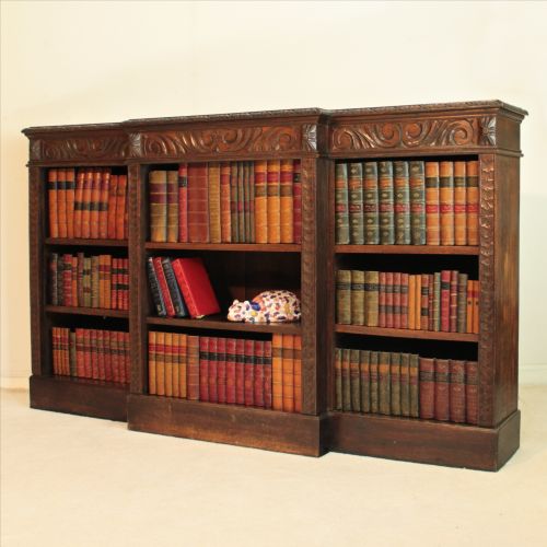 victorian breakfront carved oak open bookcase 6ft wide - CATEGORY: ANTIQUE BOOKCASES - DATED VICTORIAN