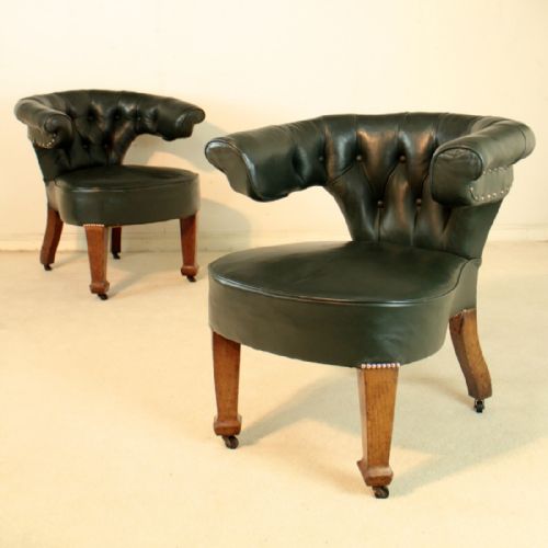 pair of arts crafts oak leather desk chairs - CATEGORY: ANTIQUE CHAIRS - DATED VICTORIAN