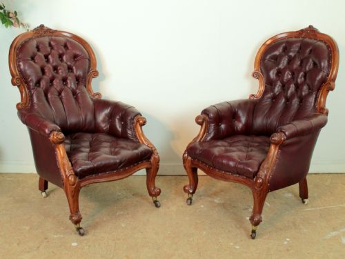 a pair of victorian mahogany burgundy leather library armchairs - CATEGORY: ANTIQUE CHAIRS - DATED VICTORIAN