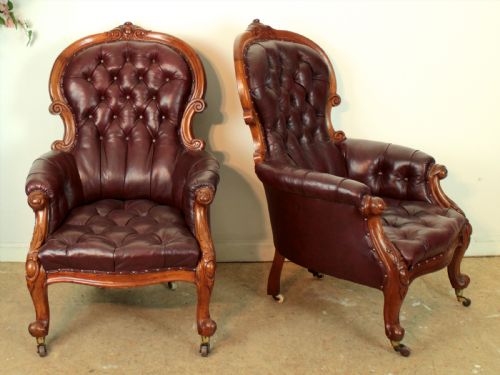 A PAIR OF VICTORIAN MAHOGANY BURGUNDY LEATHER LIBRARY ARMCHAIRS - ADDITIONAL PHOTO 1