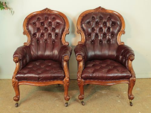 A PAIR OF VICTORIAN MAHOGANY BURGUNDY LEATHER LIBRARY ARMCHAIRS - ADDITIONAL PHOTO 2