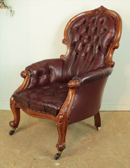 A PAIR OF VICTORIAN MAHOGANY BURGUNDY LEATHER LIBRARY ARMCHAIRS - ADDITIONAL PHOTO 4