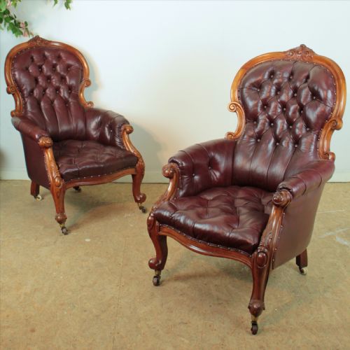 A PAIR OF VICTORIAN MAHOGANY BURGUNDY LEATHER LIBRARY ARMCHAIRS - ADDITIONAL PHOTO 5