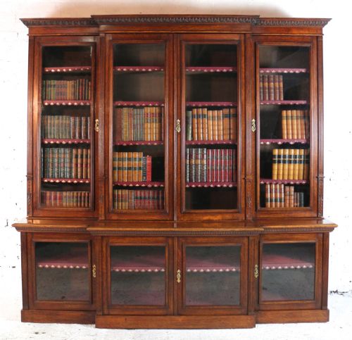 large victorian oak breakfront bookcase attributed to maple co - CATEGORY: ANTIQUE BOOKCASES - DATED VICTORIAN