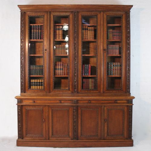 victorian ivy carved oak library bookcase - CATEGORY: ANTIQUE BOOKCASES - DATED VICTORIAN