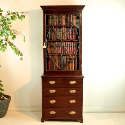 19th century narrow mahogany astragal glazed bookcase on chest - CATEGORY: ANTIQUE BOOKCASES - DATED 19TH CENTURY