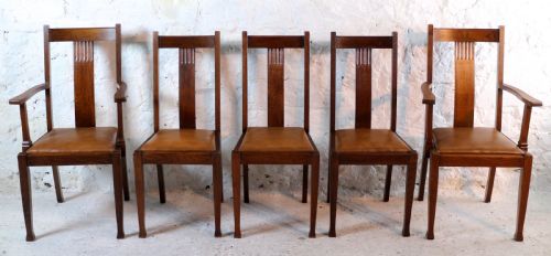 SET 10 ARTS CRAFTS OAK DINING CHAIRS WITH LEATHER SEATS C1900 - ADDITIONAL PHOTO 5