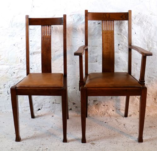 SET 10 ARTS CRAFTS OAK DINING CHAIRS WITH LEATHER SEATS C1900 - ADDITIONAL PHOTO 10